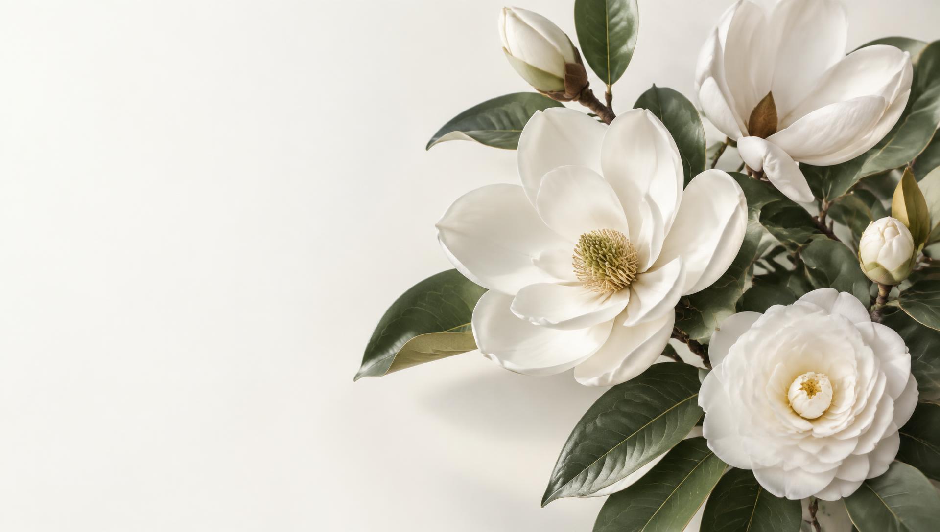 White magnolia and camellia blossoms with sage-green leaves